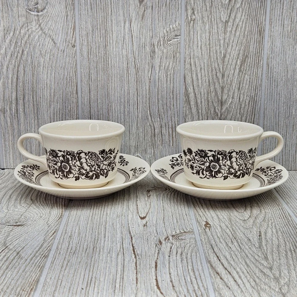 Royal China Sussex Cavalier Ironstone Brown Floral Tea Cups and Saucers Set of 2